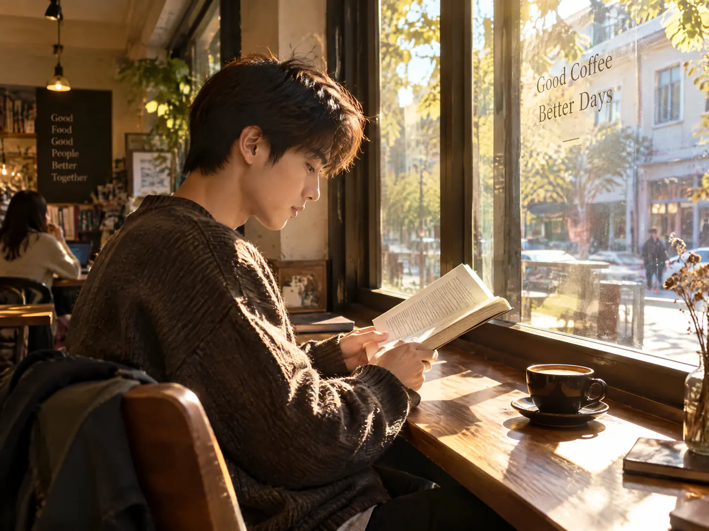 Photo de vie quotidienne générée par IA d’un jeune homme lisant près de la fenêtre d’un café, avec le soleil de l’après-midi sur la table en bois et la tasse de café, et des lettres décoratives en anglais sur une ardoise derrière lui