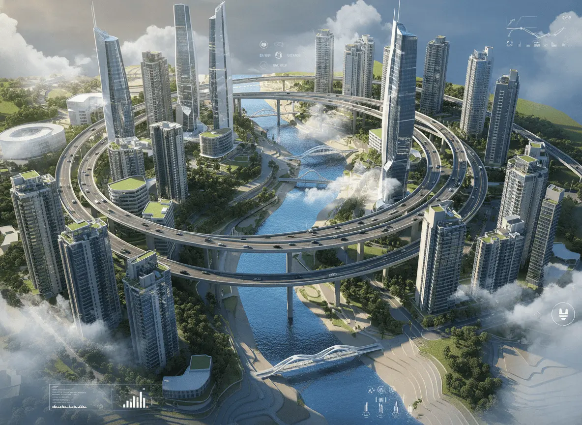云雾环绕的未来城市场景示意